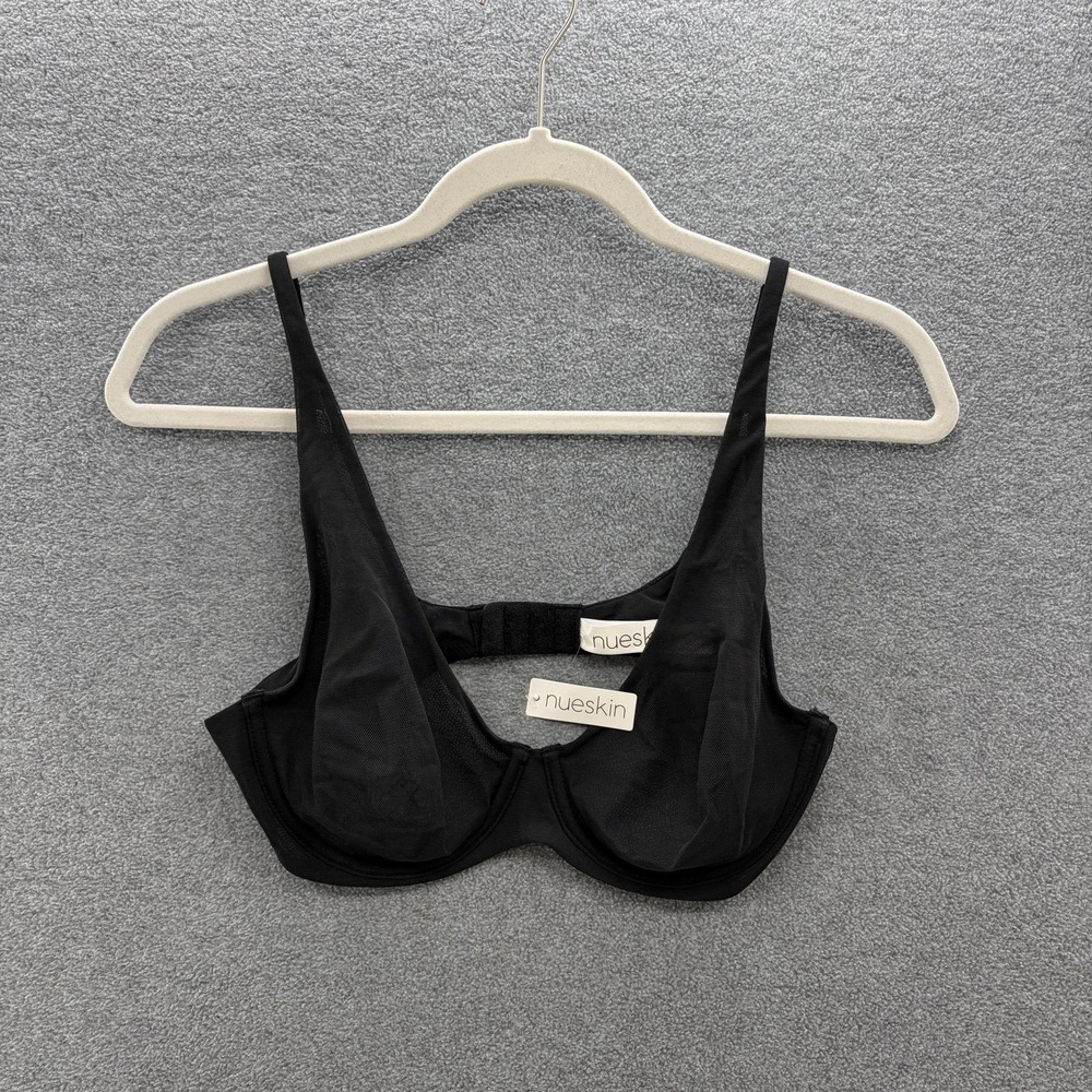 Nueskin Bra Womens 34C Black Mesh Sheer Underwire Unlined Balconette Unpadded